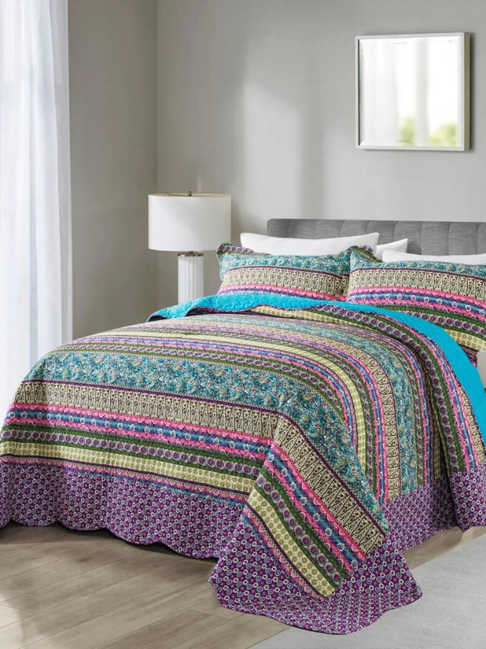 Cotton Bedspread Quilt Sets - Reversible Patchwork Coverlet Set, Striped